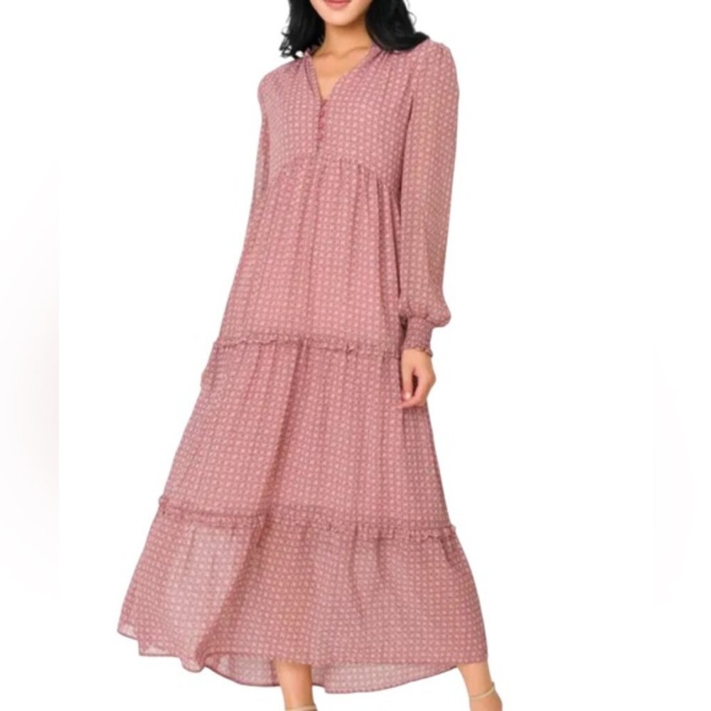 Gibsonlook | Dusty Rose & Mauve Long Sleeve Maxi Tiered Dress Size XXS